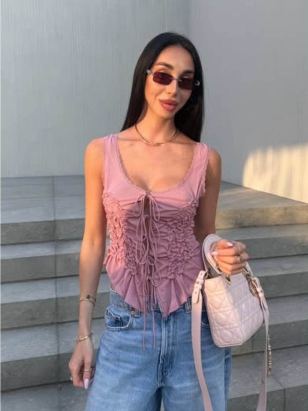 Zara Pink Lace-Trim Smocked Tie-Front Tank Top Bohemian Coachella Festival - Picture 6 of 6
